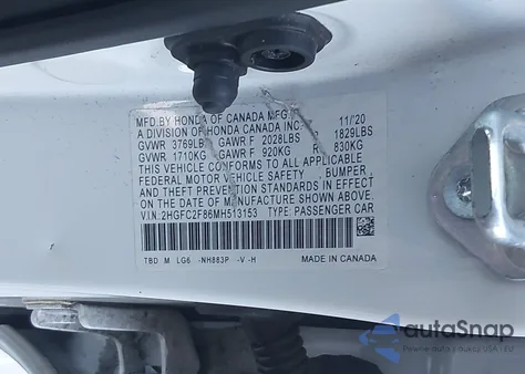 2021 Honda Civic Sport z USA, uszkodzony, nr VIN 2HGFC2F86MH513153